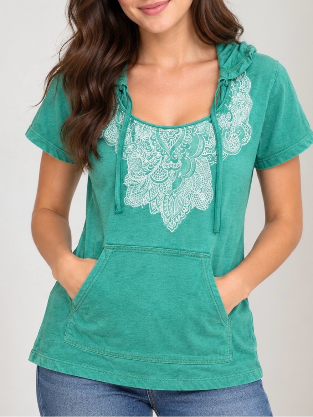 Free People Teal Short-Sleeve Hooded Top VINTAGE